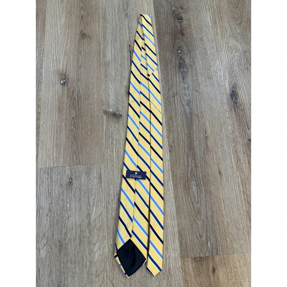 Stafford Mens Yellow Blue‎ Navy Diagonal Striped 100% Silk Necktie Classic Tie